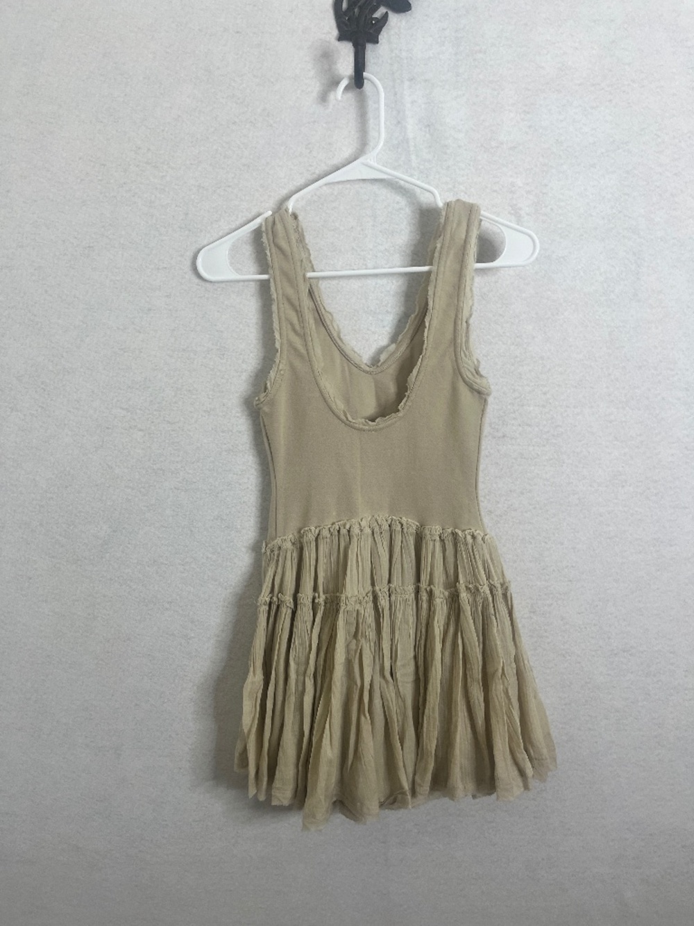 Free People Style Ruffle Babydoll Mini Dress Beige Boho Tiered Raw Hem XS